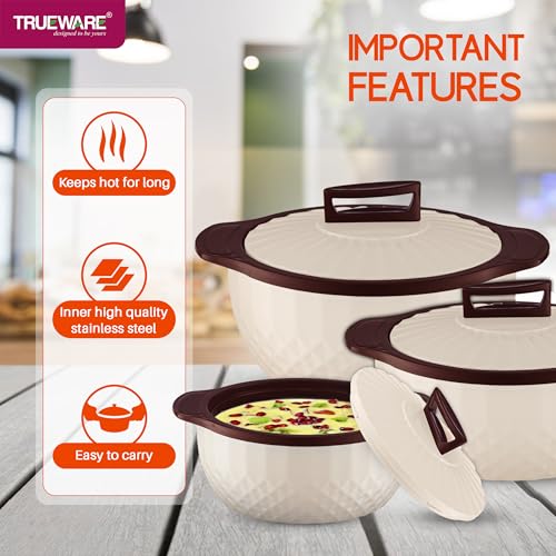 Image of Trueware Eternity Inner Steel Insulated 750, 1000 & 1500ML Thermoware Casserole Set of 3 | BPA Free | Odour Proof | Food Grade | Easy to Carry | Serving | Curd Maker | Hot Pot