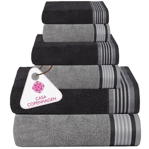 CASA COPENHAGEN He & She 6 Pieces Towel Set - Pine Grey + Grey Violet, 550 GSM 2 Bath Towel 2 Hand Towel 2 Washcloth, Designed in Denmark Made of Soft Egyptian Cotton for Bathroom, Kitchen & Shower