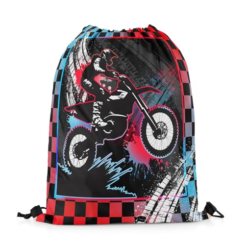 jejeloiu Dirt Bike Drawstring Backpack,Motocross Rider Gym String Bag,Blue and Red Buffalo Plaid Waterproof Cinch Bag Drawstring Bags,Cool Extreme Sportcase2