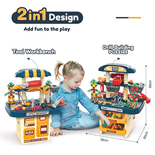 BFUNTOYS 246 PCs Kids Toddlers Toy Tool Bench Set for 2 3 4 Year Old Boys and Girls, 2 in 1 Kids Construction Toy Workbench with Building Blocks, Electric Drill, STEM Building Puzzles Work Shop Gifts