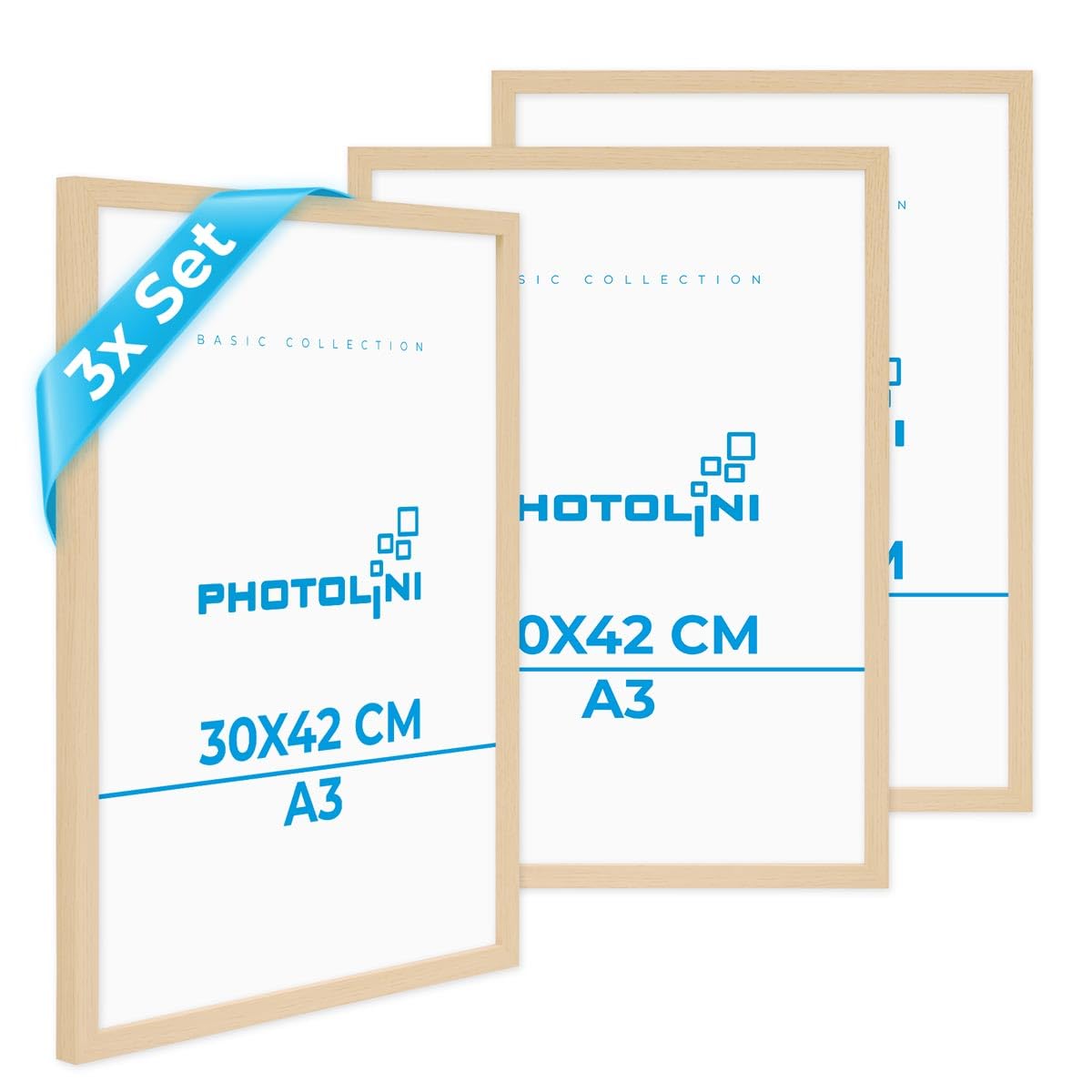 PHOTOLINI Marcos A3 30x42 cm madera MDF natural, set de 3 marcos para pósteres, cristal acrílico, para colgar, incluye accesorios - para fotos, láminas y pósteres