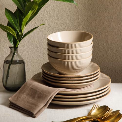 Image of Gibson Home Plates and Bowls Set, 12 Piece Dinnerware Set for 4, Beige