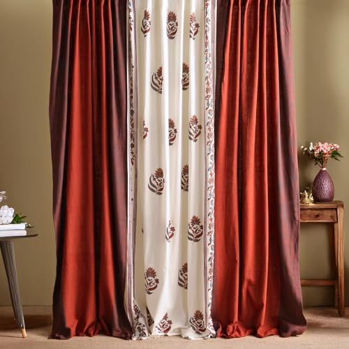Image of Peepul Tree Mix and Match Solid and Sheer Door Curtains in Offwhite Brick Red and Navy Blue | 7 Feet | Set of 3 | 2 Solid & 1 Sheer Curtain| Layered Curtains | Pure Cotton | Back Loop Curtains