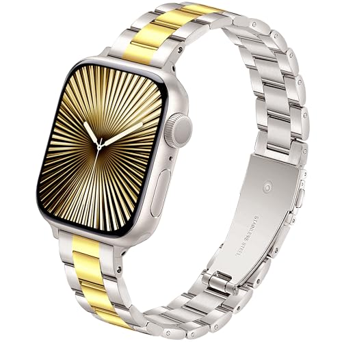 Image of Melyis Slim Metal Band Compatible with Apple Watch Bands for Women 46mm 44mm 45mm 42mm 49mm, Premium Stainless Steel iWatch Bands for Apple Watch Band Series 11 10 9 SE 8 7 6 5 4 3 2 Ultra-Starlight /Gold