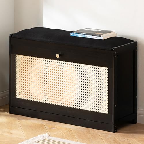 Banc de rangement à chaussures en rotin haut de gamme avec coussin confortable d'entrée