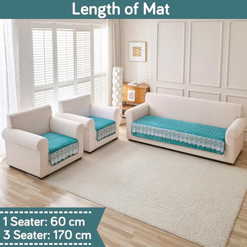 Image of HOKIPO 'BelleLace Series' 5 Seater Sofa Cover Mat in 3+1+1 Configuration | Imperial Milk Velvet with Lace Design | Teal (AR-5966+5962 * 2-Teal)