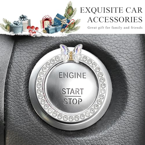 Image of DXNQ 2PCS Bling Ring Emblem, Sparkling Butterfly Car Buttons and Knobs Ring, Girly Butterfly Diamond Car Engine Start Button Cover, Key Ignition Knob Rings Decoration for Women (White, Single Row)