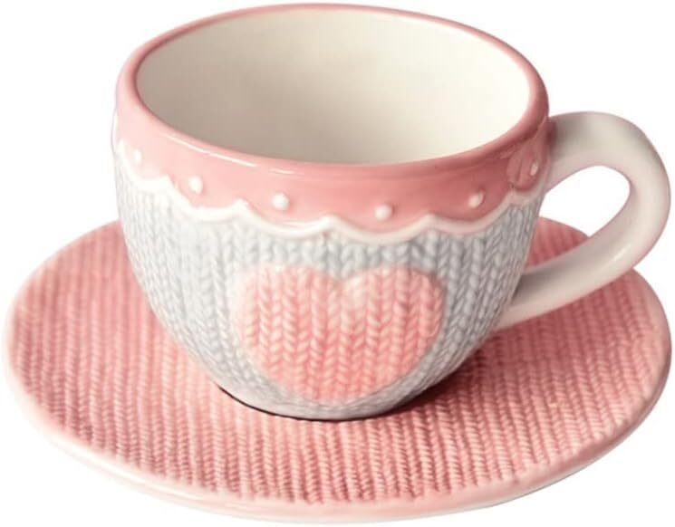 Juego de taza y platillo de té, bonito juego de café de cerámica con forma de corazón for la tarde, taza de porcelana china con borde rosa de 250 ml, color rosa