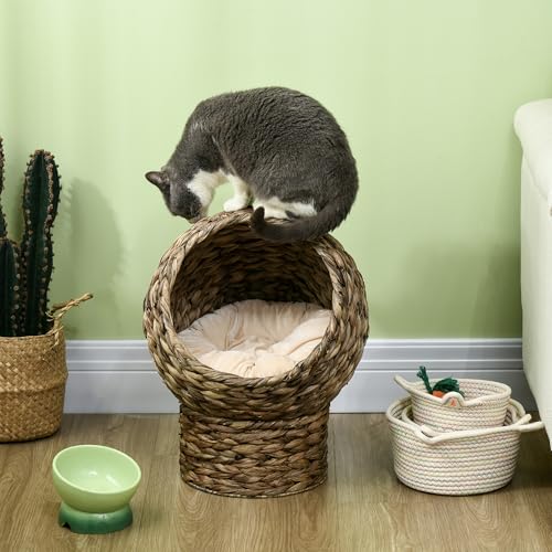 PawHut Rattan Katzenkorb Katzenhöhle Katzenhütte Katzenbett mit Kissen Haustierbett Wasserhyazinthe Kaffee 40 x 37 x 51 cm