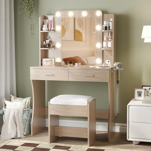 Image of Vabches Vanity Desk with Mirror and Lights,Makeup Vanity Table with Charging Station,2 Drawer Bedroom Dressing Table with 3 Colors Modes Dimming & Cushioned Stool,Natural Oak