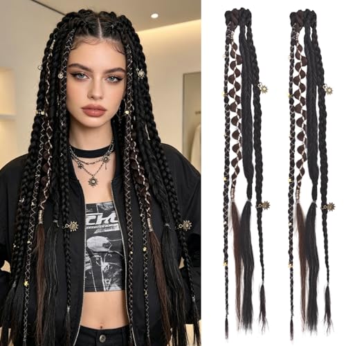 HIVTE Extensiones de trenzas con clip, 40cm, castaño oscuro, cabello sintético para mujer, rastas bohemias para uso diario y cosplay