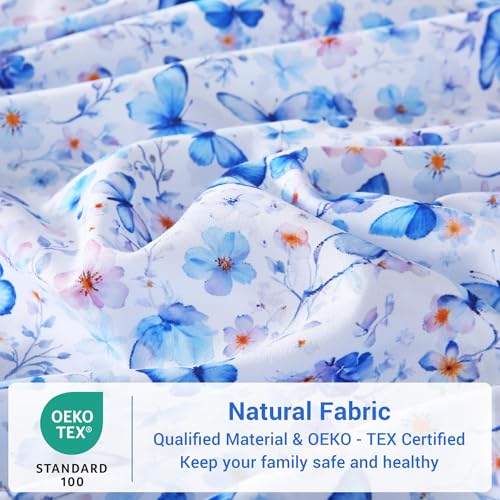 Image of Softan Full Floral Sheets, Microfiber Blue Flower Printed Fitted Sheets with Non-Slip Corner Straps and 15 inch Deep Pocket, Butterfly Patterned Cozy Bed Sheets Double Sheets & Pillowcase Sets