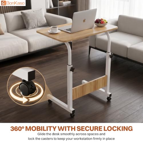 Image of BonKaso Height Adjustable Laptop Table with Wheels, Portable Rolling Computer Desk, Wooden Top, Lockable Casters, Mild Steel Frame, Multipurpose Bed Sofa Study Work Table for Home Office - Walnut