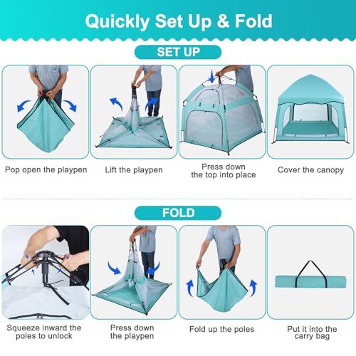 Image of Bend River Baby Playpen with Canopy, Square Toddler Beach Tent (Green) | Portable Infant Play Yard, Mosquito Net, Indoor and Outdoor, Instant Installation, Pop Up, Travel Bag