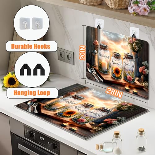 Image of Flower Stove Top Cover for Electric Stove, Flowers Vase Bottle Stove Top Cover, Thankful Blessed Grateful Range Covers, Spring Summer Rustic Floral Cooktop Cover for Kitchen Home Decor, 28x20 inch