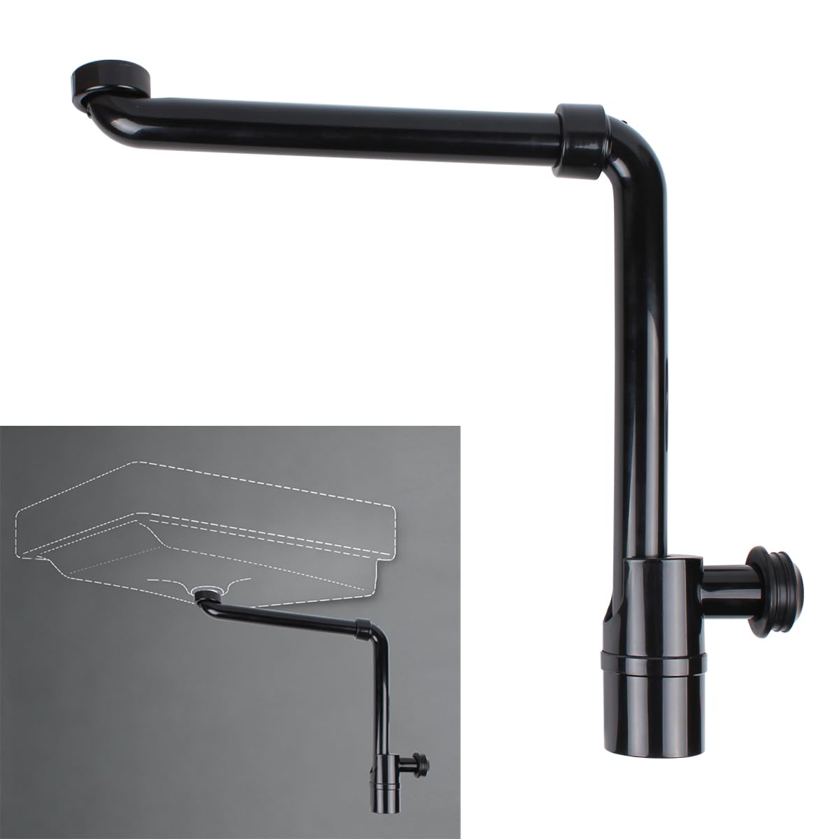 Adjustable Swivel P Trap, Wall Mounted Drain Sink Waste Fitting Pipe, 32mm (1.1/4'') Space-Saving 360° Rotatable Sink Waste Trap Kit (Black)