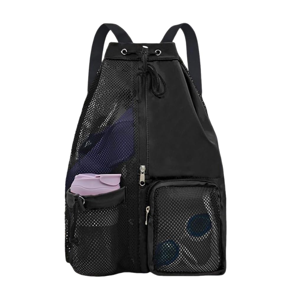 GZSYWZ Swimming Bag Mesh Drawstring Rucksack Black Sports Bag Waterproof with Wet and Dry Compartments Adjustable Straps Swimming Fitness Workout Essentials for Men and Women