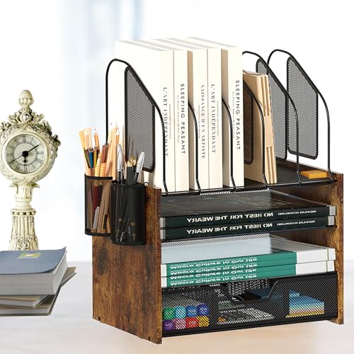 4-Tier-Wood-Desk-Organizer-with-Drawer-Desk-Accessories-Organizer-and-Paper-Organizer-Tray-Paper-Organizer-for-Desk-Vertical-File-Holder-and-2PCS-Pencil-Holders 4 Tier Wood Desk Organizer with Drawer Desk Accessories Organizer and Paper Organizer Tray Paper Organizer for Desk Vertical File Holder and 2PCS Pencil Holders