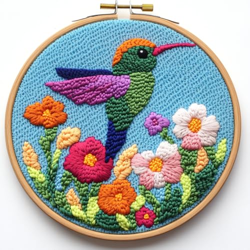 DIY Punch Needle Kits Hummingbird Flying in Flowers Easy for Beginners Punch Needle Embroidery Set with Hoop Stamped Pattern for Craft Lovers and Home Decor-4