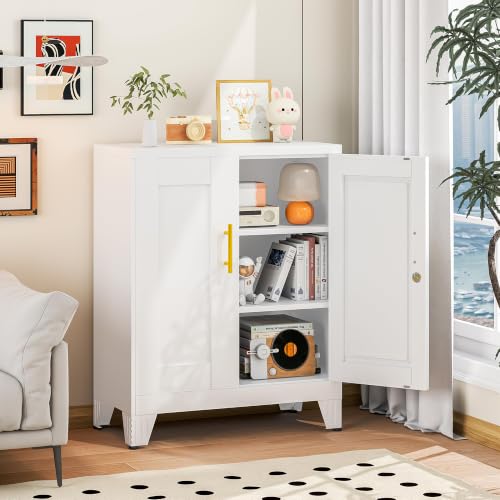 Image of pozdeg 35.43 inch Lockable Metal Storage Cabinet, Steel Office Locker, White | File Cabinet with 2 Doors and 2 Adjustable Shelves, Rolling Steel Tool Garage Cabinets for Home Office