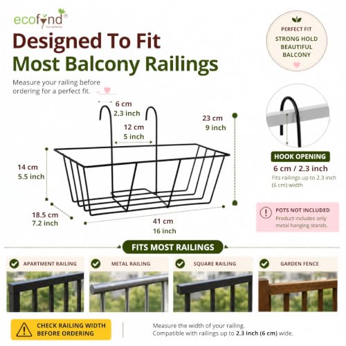 Image of ecofynd 2 Pack 16 Inches Metal Hanging Flower Pot Stand For Railing Planters, Gamla Stand Pot Holder for Balcony Decoration Items Outdoor, Plant Stands for Balcony, Flower Pot Stand Indoor (PS054-BLK)