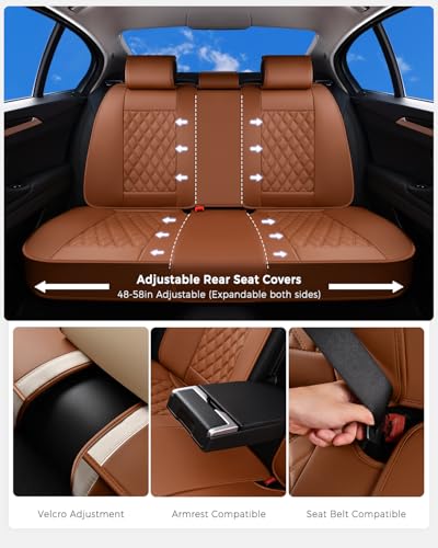 Image of Huidasource Brown Back Seat Covers Universal Fit for Most Cars SUVs Trucks Compatible with Seat Belts, Child Safety Seats, Rear Seat Covers Nappa Leather Velcro Adjustable Seat Covers (Back Row /Brown)