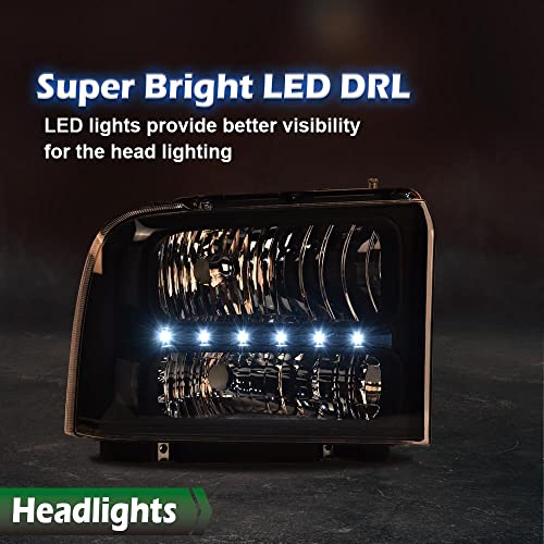 Image of GRAND ORANGE LED DRL Headlights Assembly, Compatible with 2005 2006 2007 Ford F250 F350 F450 F550 Super Duty bumper Headlamp, Amber Corner Headlight(Clear lens Black Housing Clear Reflector)