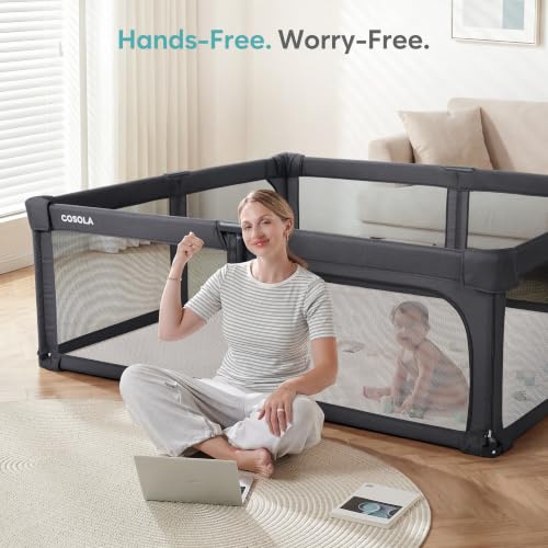 Image of Baby Playpen Portable, Pre-Assembled Play Pen 71x79 Large Foldable Playpen for Babies and Toddlers, Sturdy and Safe Toddler Play Yard Indoor Outdoor with Carry Bag, Black