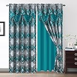 Petrichor Elegance Curtains with Gold Silver Threads 2 Panels Set - Luxury Window Treatment Attached Valance, Sheer Backing, and 2 Tie Backs for Bedroom and Living Room, 54x84 inches, Teal