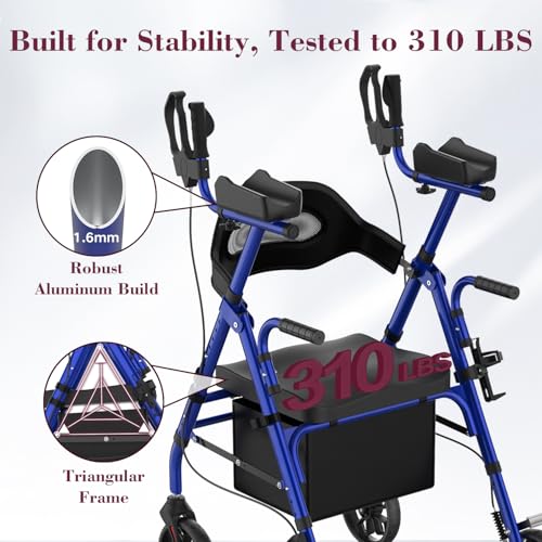 Image of Upright Rollator Walker, Heavy Duty Stand Up Walkers for Seniors with Seat and Reversible Backrest, Foldable Standing Rollator with 8 inch Anti-Slip PU Wheels, Blue