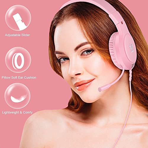 Pink Gaming Headset For Nintendo Switch, Xbox One, Ps4,Ps5, Bass Surround And Noise Cancelling With Flexible Mic, 3.5Mm Wired Adjustable Over-Ear Headphones For Laptop Pc Ipad Smartphones #TOP3
