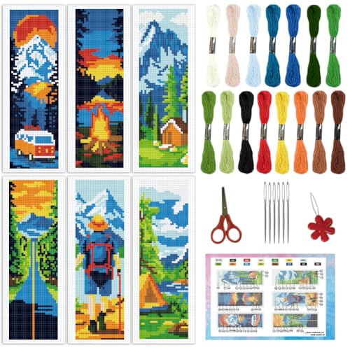Image of INFUNLY 6pcs Camping Theme DIY Cross Stitch Bookmark Kits for Beginner Mountain View Stamped Embroidery Kits with Instruction Tourist Scenery Printed Bookmark Kit for Traveller Book Readers Writers