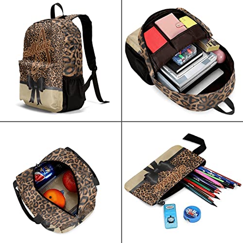 Customized Leopard Print Brown Bow Backpacks Set with Name Multifunctional Series Pack 1Casual Pack +1Lunch Handbag +1Pencil Case3
