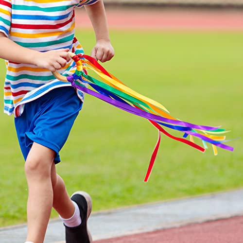 Image of Junkin Ribbon Rings Hand Kite Waldorf Toys Dancing Wrist Ribbons Rainbow Streamers with Wood Ring Educational Toy for Playroom Dancing Birthday Party Gift(Bright Color,24 Pcs)