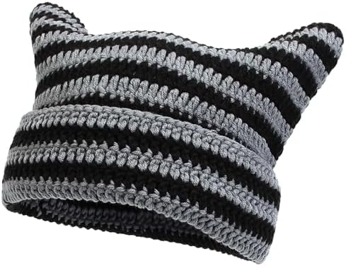 Bonnet Tricoté à Oreilles De Chat Rayé - Style Y2K Pour Femmes, Hommes, Filles - Taille Réglable (56-58 Cm), Pour Hiver, Sorties, Photos