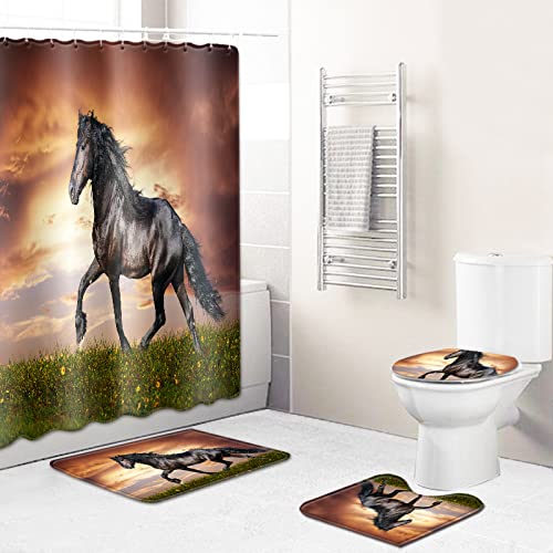 Duschvorhang Tier Pferd Braun Badezimmerteppich 4-Teiliges Set, Duschvorhang 180x180 Polyester+Badematte rutschfeste…