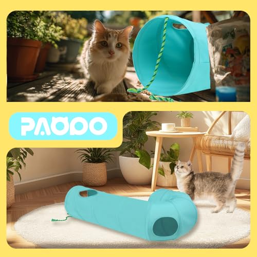 Image of Cat Tunnel, 2-Way Collapsible Cat Tube with Interactive Peek-A-Boo Hole, Toy Ball, and Rope - Ideal for Indoor Cats, Kittens, and Rabbits (Light Blue)