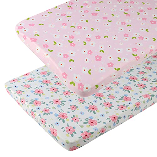 onacosht pack n play playard fitted sheets 2 pack set for baby girl soft stretchy jersey knit portable mini crib mattress cover pink floral