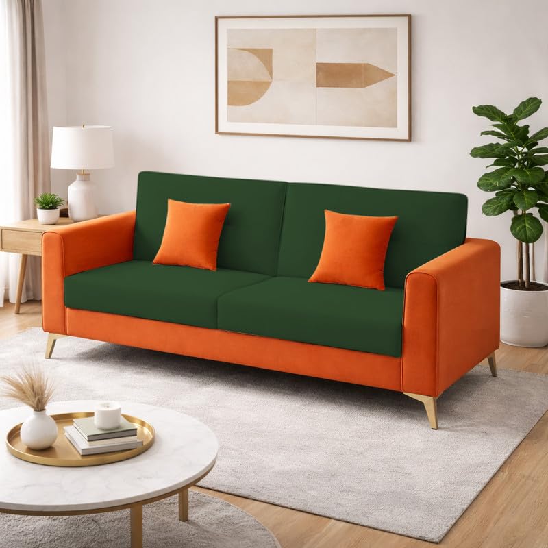 Adorn India Premium Harlem 3 Seater Sofa | Velvet Suede Upholstery | 3-Year Warranty | Orange & Dark Green with Gold Legs & Cushion-image-43
