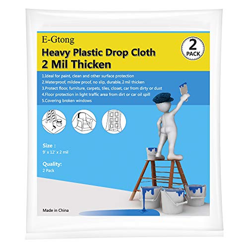 E-Gtong 2-Pack 2 Mil Heavy Duty Plastic Drop Cloth, 9-Feet by 12-Feet Clear
