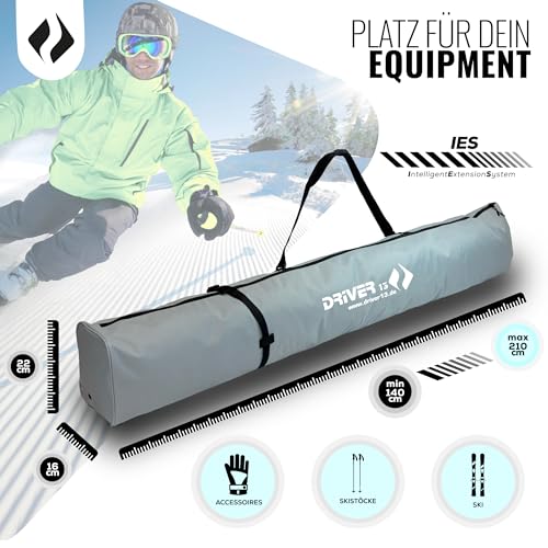 Driver13 Skitasche Skisack 140–210 cm längenverstellbar, Tasche für Ski und Skistöcke, Transport, Reißverschluss, grau