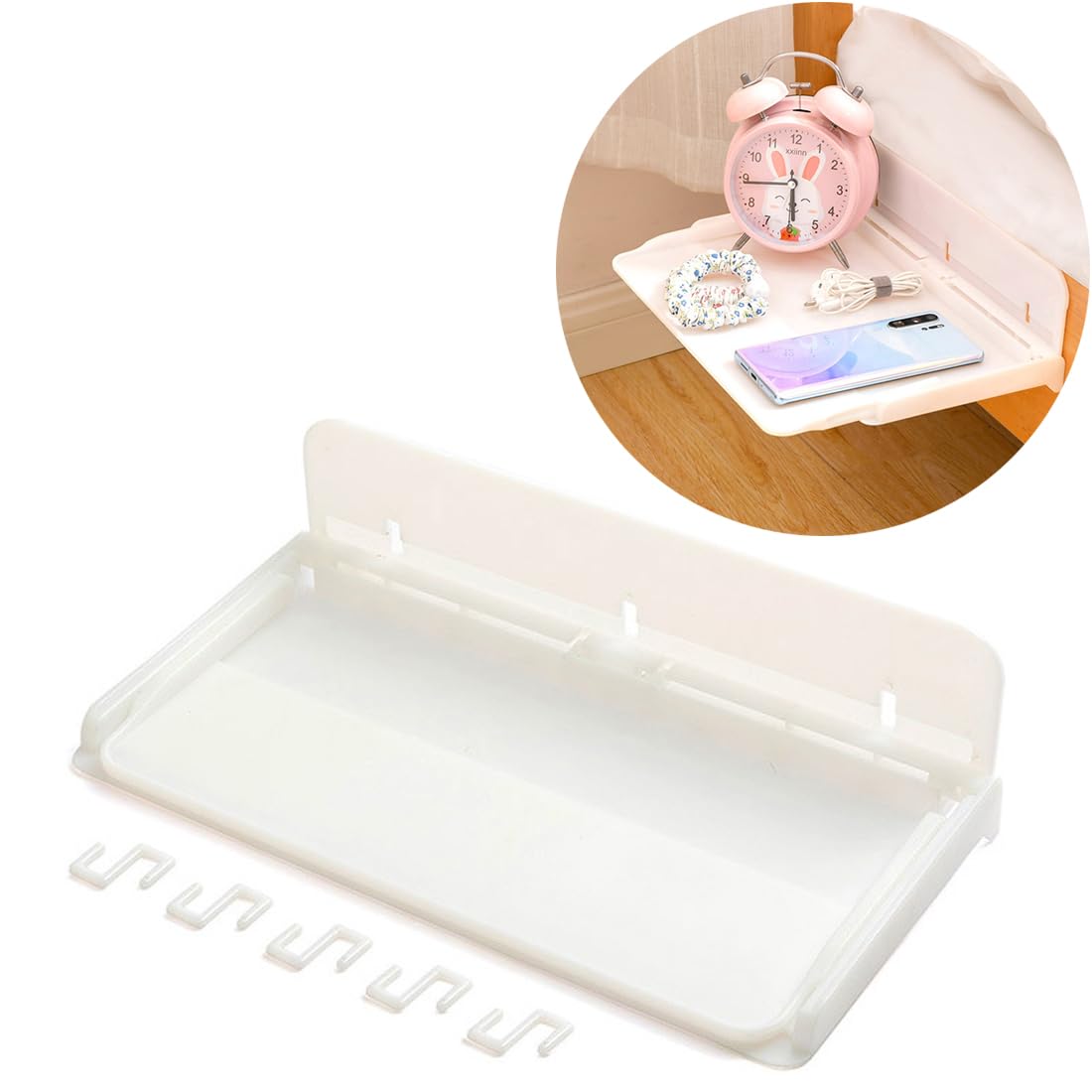 Engjajo Plastics Bedside Storage Rack Nightstand College Dorm,Bunk Bed Shelf Hanging Bracket Foldable Adhesive Organizer (White)