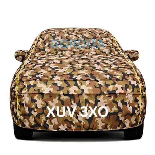 Image of Waterproof Car Body Cover for Xuv 3Xo All Weather Protection Comes with Inner Cotton Lining & Triple Stitched with Mirror & Antenna Pocket Belt & Elastic Fit Army with Yellow Piping2