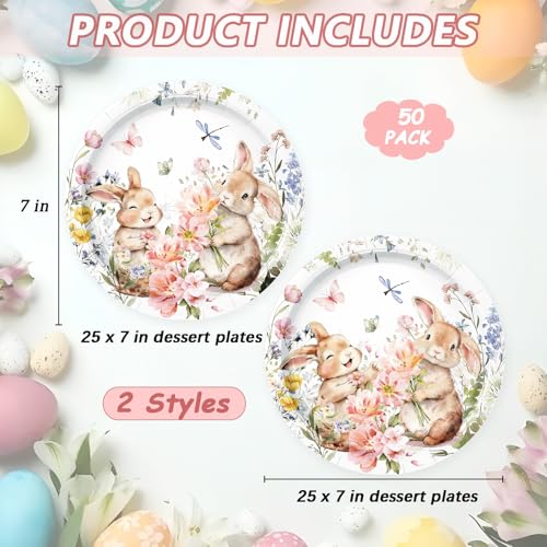 Image of 50 Pcs Easter Paper Plates Party Supplies Bunny Wildflower Paper Plates 7in