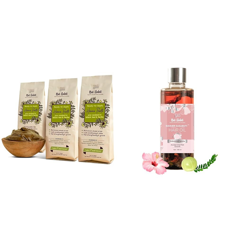 Nat Habit - Fresh Ready To Apply Henna Paste (Pack of 3 x 220g) and Nat Habit Hibiscus Amla Summer Hair Oil For Men & Women - 100ml-picture-19