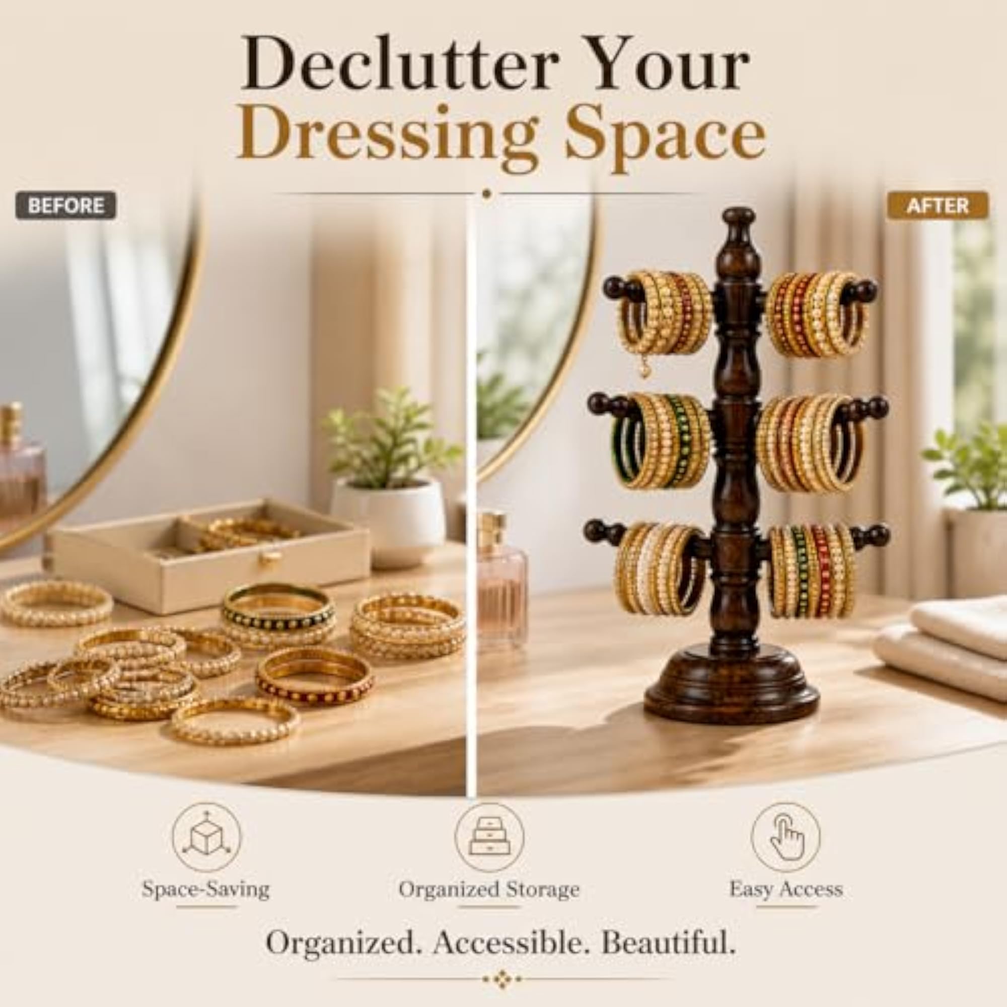 Wooden Bangle Stand for Women, 3-Tier Storage