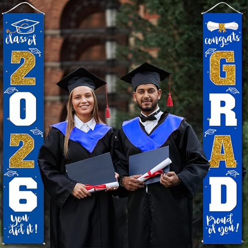 Image of Graduation Decorations 2026 Banner Porch Sign Blue Gold for Class of 2026 Graduates Party Supplies