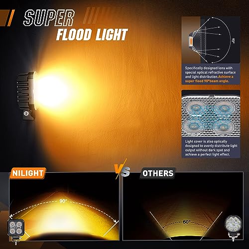 Image of Nilight 2PCS 3 Inch 15W Amber LED Pods Square Built-in EMC Work Flood Beam for Offroad Lighting Side Light Rear Back-Up Light for Tractor Truck Motorcycle Boat ATV UTV