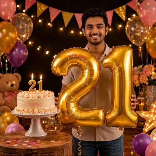 Image of Balloonistics Gold 40-Inch Foil Number 21 Balloon with Matching Number Candle - Combo Set for 21st Birthday Decoration, Anniversary Party, Photo Booth Backdrop, Cake Table Decor