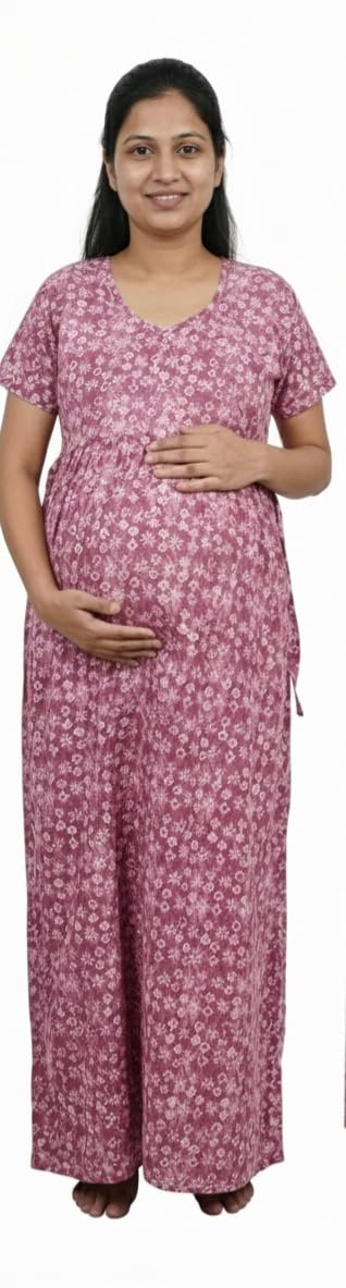 XL Size Maternity Maxi Dress, Pink Floral Print, Short Sleeve, V-Neck, Full Length Gown for Pregnant Women-image-31